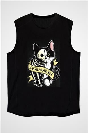 Schrödingerin Kedisi Canlı Ölü Baskılı Unisex Kolsuz Siyah Tişört - Tshirt