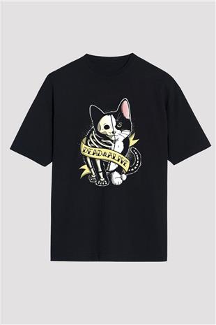 Schrödingerin Kedisi Canlı Ölü Baskılı Unisex Oversize Tişört - Tshirt