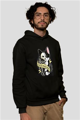 Schrödingerin Kedisi Canlı Ölü Baskılı Unisex Siyah Kapüşonlu Sweatshirt
