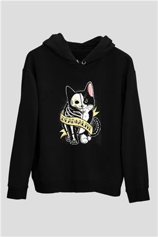 Schrödingerin Kedisi Canlı Ölü Baskılı Unisex Siyah Kapüşonlu Sweatshirt