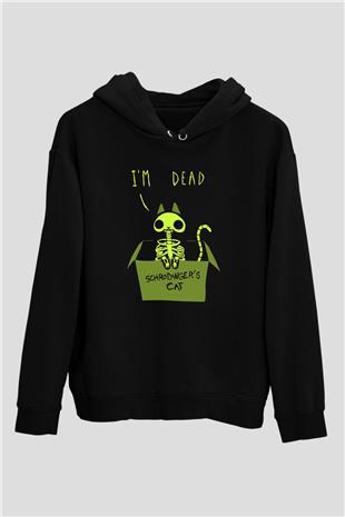 Schrödingerin Kedisi İskelet Baskılı Unisex Siyah Kapüşonlu Sweatshirt