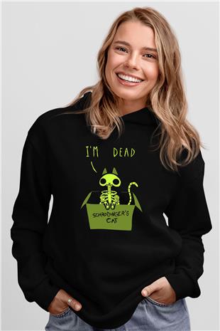 Schrödingerin Kedisi İskelet Baskılı Unisex Siyah Kapüşonlu Sweatshirt