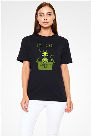 Schrödingerin Kedisi İskelet Baskılı Unisex Siyah Tişört - Tshirt