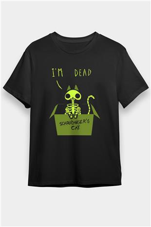 Schrödingerin Kedisi İskelet Baskılı Unisex Siyah Tişört - Tshirt