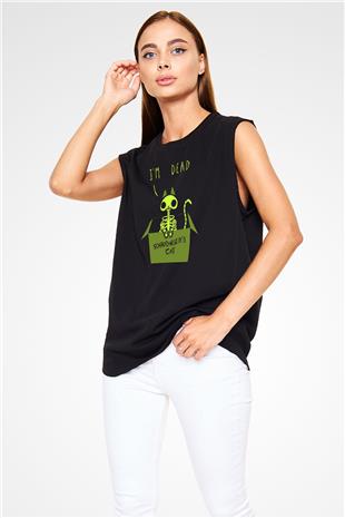 Schrödingerin Kedisi İskelet Baskılı Unisex Kolsuz Siyah Tişört - Tshirt