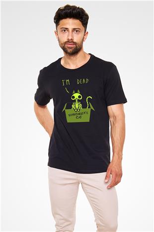 Schrödingerin Kedisi İskelet Baskılı Unisex Siyah Tişört - Tshirt