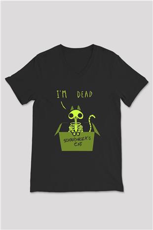 Schrödingerin Kedisi İskelet Baskılı Unisex V Yaka Siyah Tİşört - Tshirt
