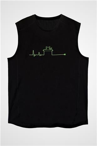 Schrödingerin Kedisi Kalp Ritmi Baskılı Unisex Kolsuz Siyah Tişört - Tshirt