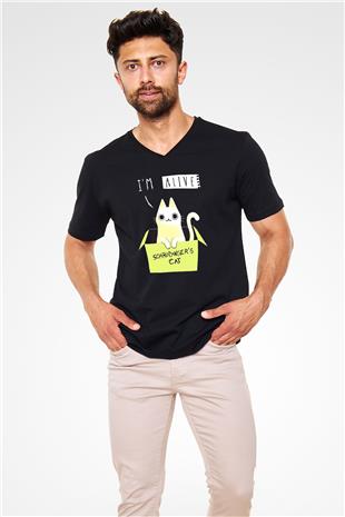 Schrödingerin Kedisi Kutu Baskılı Unisex V Yaka Siyah Tİşört - Tshirt