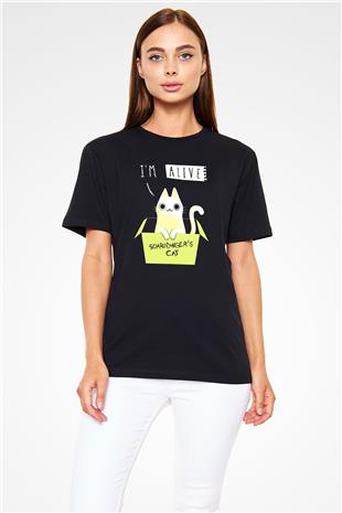 Schrödingerin Kedisi Kutu Baskılı Unisex Siyah Tişört - Tshirt