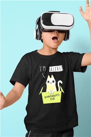 Schrödingerin Kedisi Kutu Baskılı Unisex Siyah Çocuk Tişörtü - Tshirt