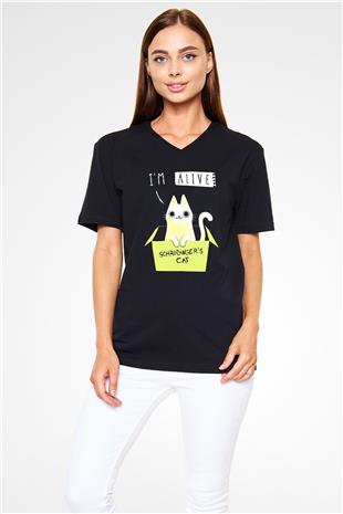 Schrödingerin Kedisi Kutu Baskılı Unisex V Yaka Siyah Tİşört - Tshirt