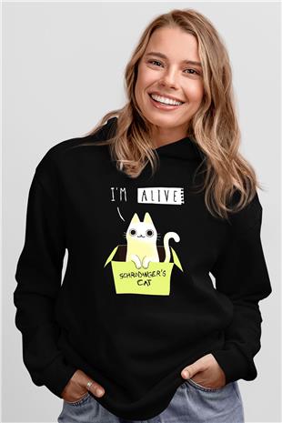 Schrödingerin Kedisi Kutu Baskılı Unisex Siyah Kapüşonlu Sweatshirt