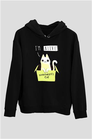 Schrödingerin Kedisi Kutu Baskılı Unisex Siyah Kapüşonlu Sweatshirt