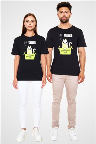 Schrödingerin Kedisi Kutu Baskılı Unisex Siyah Tişört - Tshirt