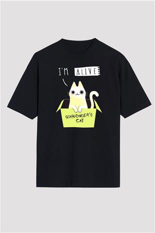 Schrödingerin Kedisi Kutu Baskılı Unisex Oversize Tişört - Tshirt