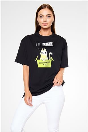 Schrödingerin Kedisi Kutu Baskılı Unisex Oversize Tişört - Tshirt