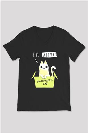 Schrödingerin Kedisi Kutu Baskılı Unisex V Yaka Siyah Tİşört - Tshirt