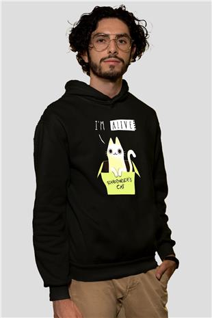 Schrödingerin Kedisi Kutu Baskılı Unisex Siyah Kapüşonlu Sweatshirt