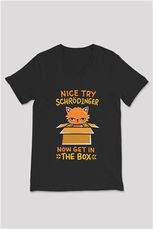 Schrödingerin Kedisi Kutuda Baskılı Unisex V Yaka Siyah Tİşört - Tshirt