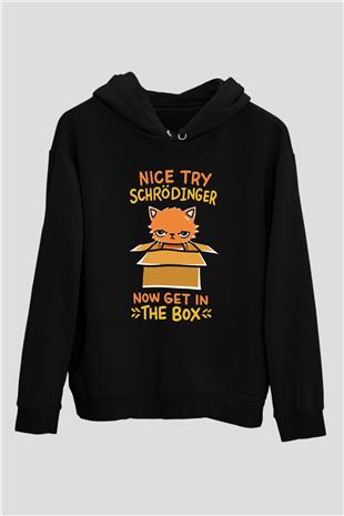 Schrödingerin Kedisi Kutuda Baskılı Unisex Siyah Kapüşonlu Sweatshirt