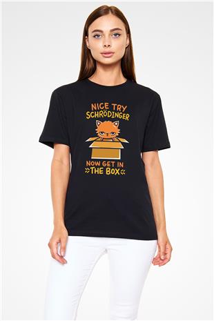 Schrödingerin Kedisi Kutuda Baskılı Unisex Siyah Tişört - Tshirt