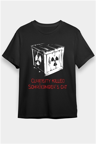 Schrödingerin Kedisi Kutuda  Baskılı Unisex Siyah Tişört