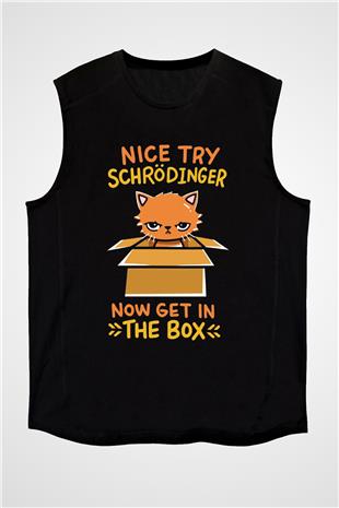 Schrödingerin Kedisi Kutuda Baskılı Unisex Kolsuz Siyah Tişört - Tshirt