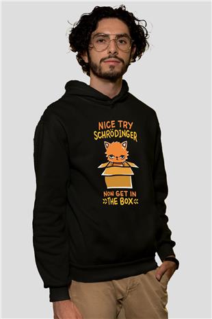 Schrödingerin Kedisi Kutuda Baskılı Unisex Siyah Kapüşonlu Sweatshirt