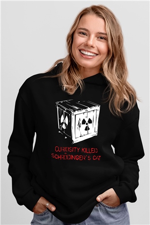 Schrödingerin Kedisi Kutuda  Baskılı Unisex Siyah Hoodie
