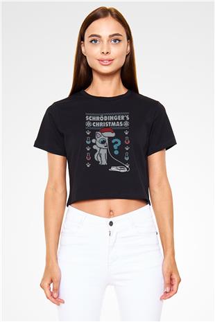 Schrödingerin Kedisi Noel Baskılı Crop Top Kadın Tİşört - Tshirt