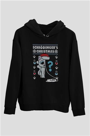 Schrödingerin Kedisi Noel Baskılı Unisex Siyah Kapüşonlu Sweatshirt