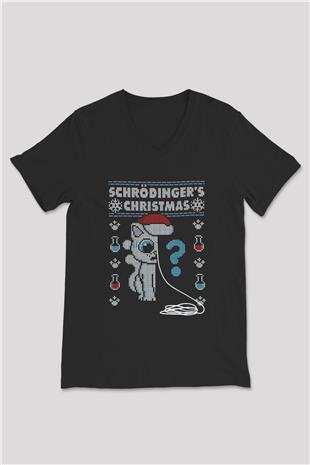 Schrödingerin Kedisi Noel Baskılı Unisex V Yaka Siyah Tİşört - Tshirt