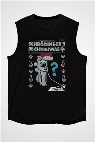 Schrödingerin Kedisi Noel Baskılı Unisex Kolsuz Siyah Tişört - Tshirt