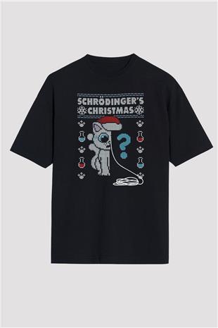 Schrödingerin Kedisi Noel Baskılı Unisex Oversize Tişört - Tshirt