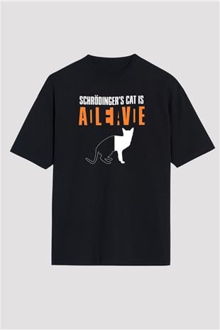 Schrödingerin Kedisi Ölü Canlı Baskılı Unisex Oversize Tişört - Tshirt