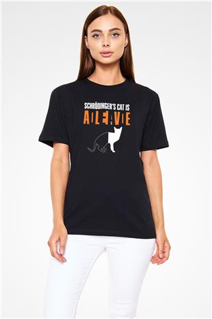 Schrödingerin Kedisi Ölü Canlı Baskılı Unisex Siyah Tişört - Tshirt