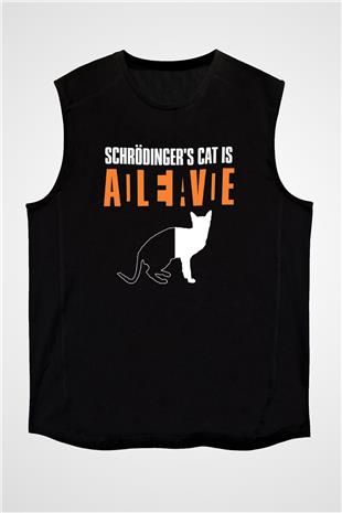 Schrödingerin Kedisi Ölü Canlı Baskılı Unisex Kolsuz Siyah Tişört - Tshirt