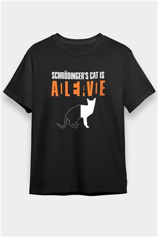 Schrödingerin Kedisi Ölü Canlı Baskılı Unisex Siyah Tişört - Tshirt