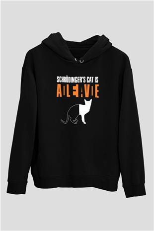 Schrödingerin Kedisi Ölü Canlı Baskılı Unisex Siyah Kapüşonlu Sweatshirt