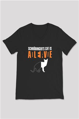 Schrödingerin Kedisi Ölü Canlı Baskılı Unisex V Yaka Siyah Tİşört - Tshirt