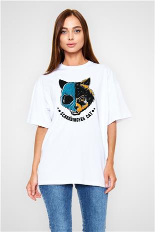 Schrödingerin Kedisi Ölü-Diri Baskılı Unisex Oversize Beyaz Tişört - Tshirt