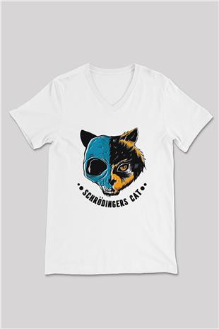 Schrödingerin Kedisi Ölü-Diri Baskılı Unisex V Yaka Beyaz Tişört - Tshirt