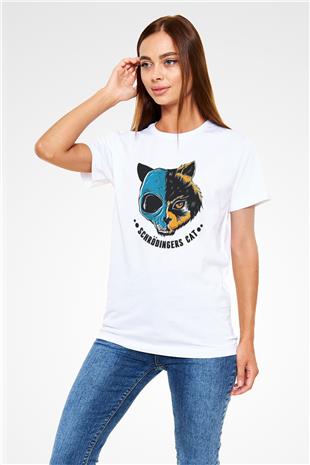Schrödingerin Kedisi Ölü-Diri Baskılı Unisex Beyaz Tişört - Tshirt