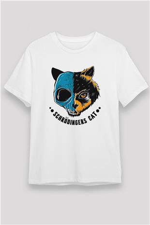 Schrödingerin Kedisi Ölü-Diri Baskılı Unisex Beyaz Tişört - Tshirt
