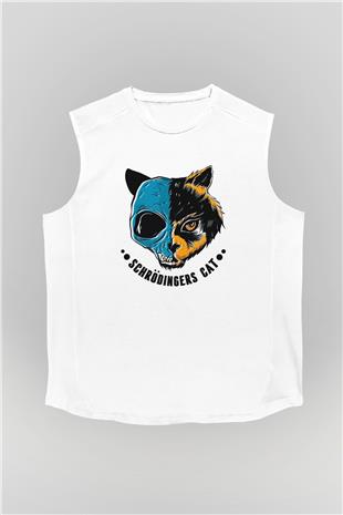 Schrödingerin Kedisi Ölü-Diri Baskılı Unisex Kolsuz Beyaz Tişört - Tshirt