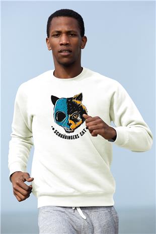 Schrödingerin Kedisi Ölü-Diri Baskılı Unisex Ekru Sweatshirt