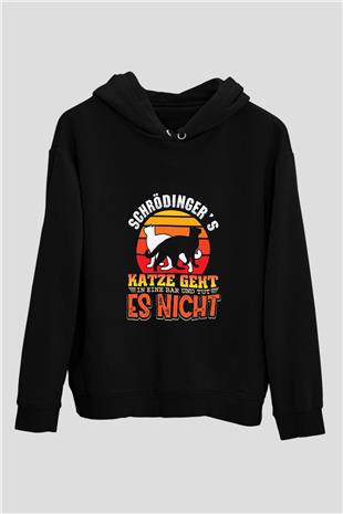 Schrödingerin Kedisi Renkli Baskılı Unisex Siyah Kapüşonlu Sweatshirt