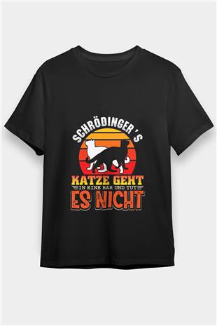 Schrödingerin Kedisi Renkli Baskılı Unisex Siyah Tişört - Tshirt