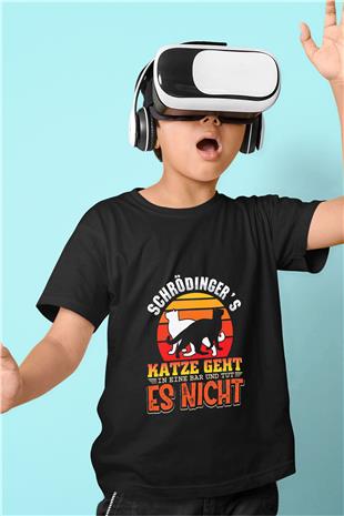 Schrödingerin Kedisi Renkli Baskılı Unisex Siyah Çocuk Tişörtü - Tshirt
